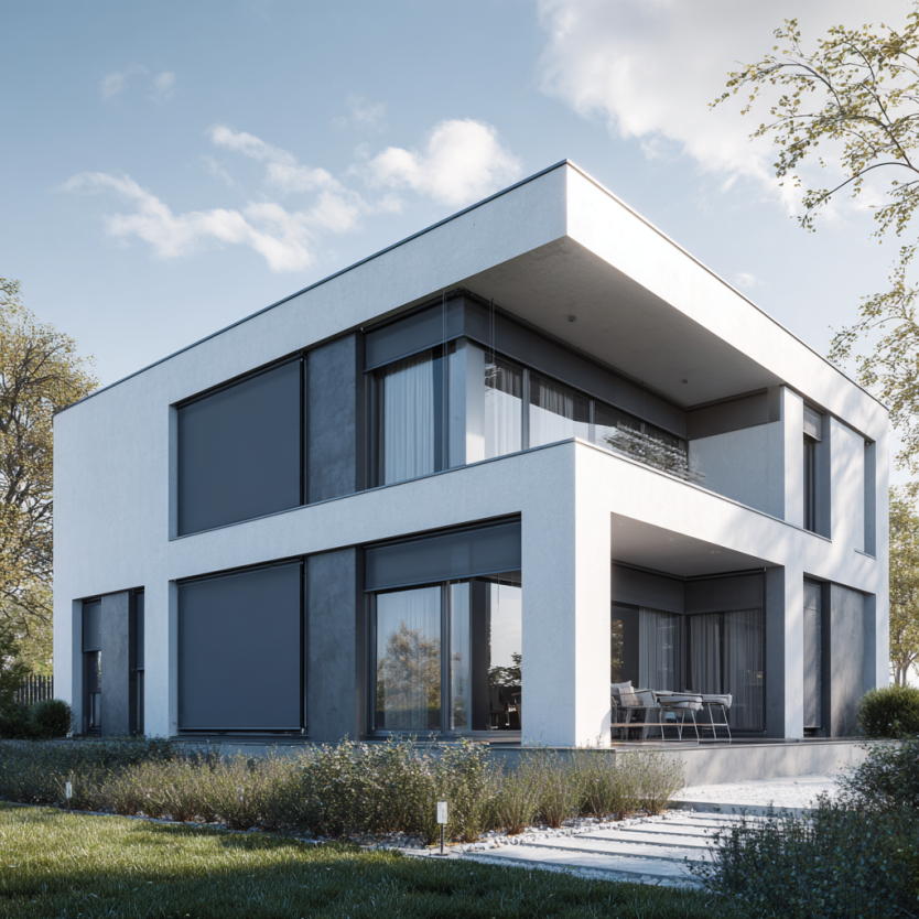 rolety zewnętrzne na budynku nowoczesnym